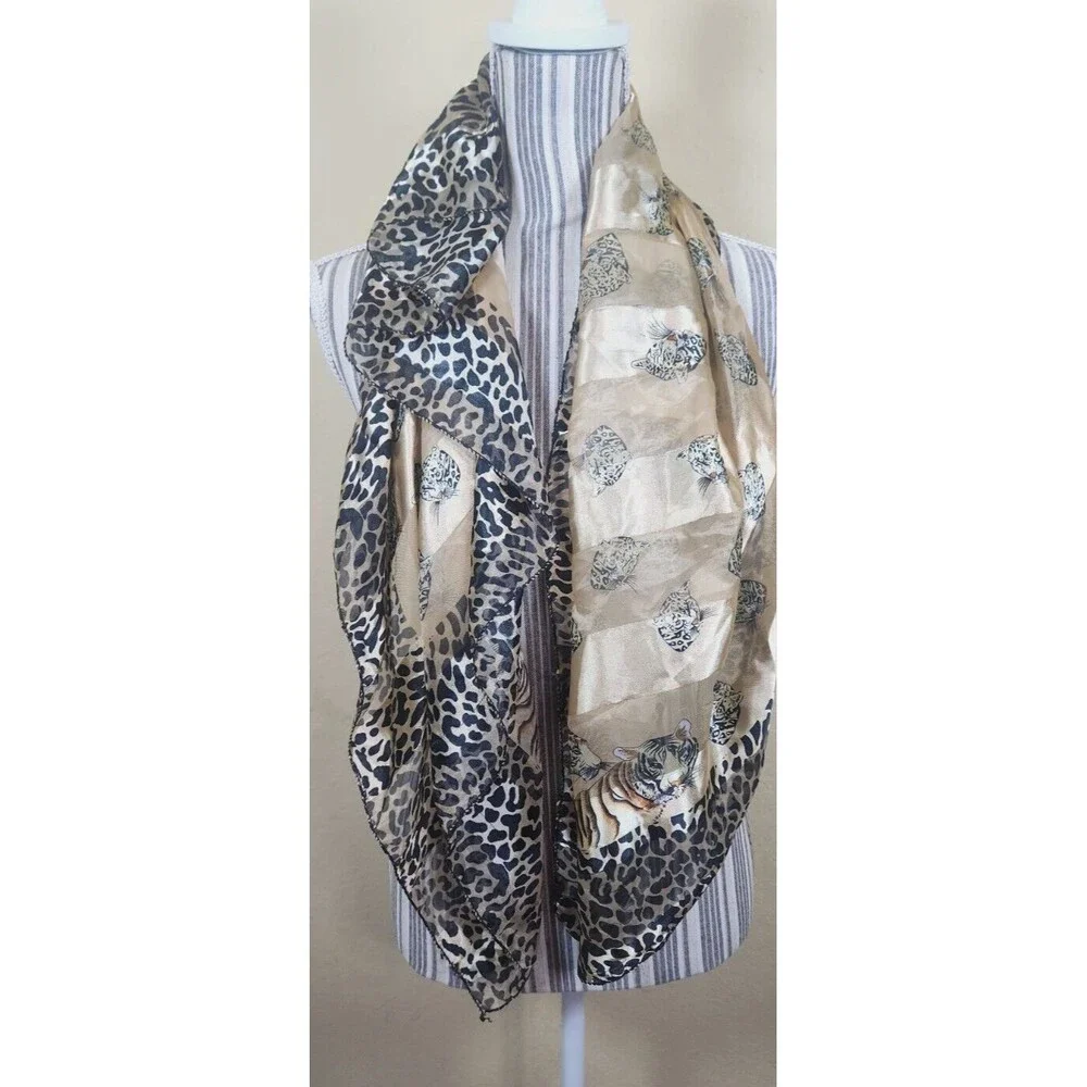 Animal Print Silk Scarf Shawl Gold Brown Sheer Cheetah Leopard Print‎ 36 X 36